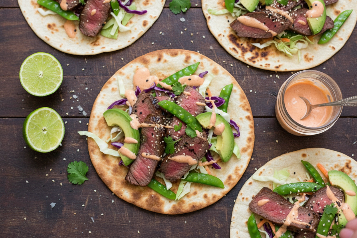 Asian Grilled Steak Tacos With Snap Peas