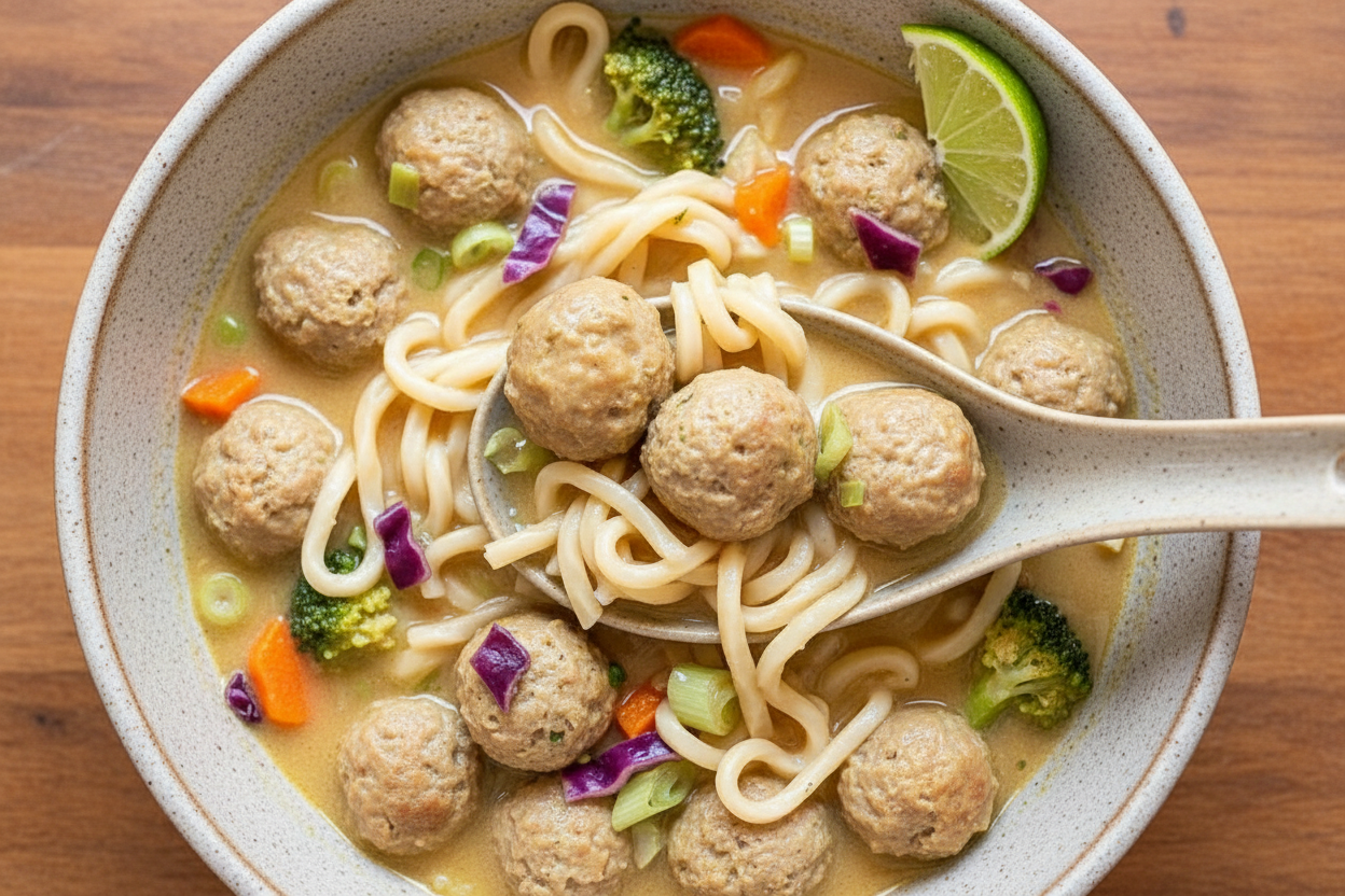 Curry Meatball Noodle Soup | Caroline Chambers: Caroline Chambers Curry Meatball Noodle Soup Recipe