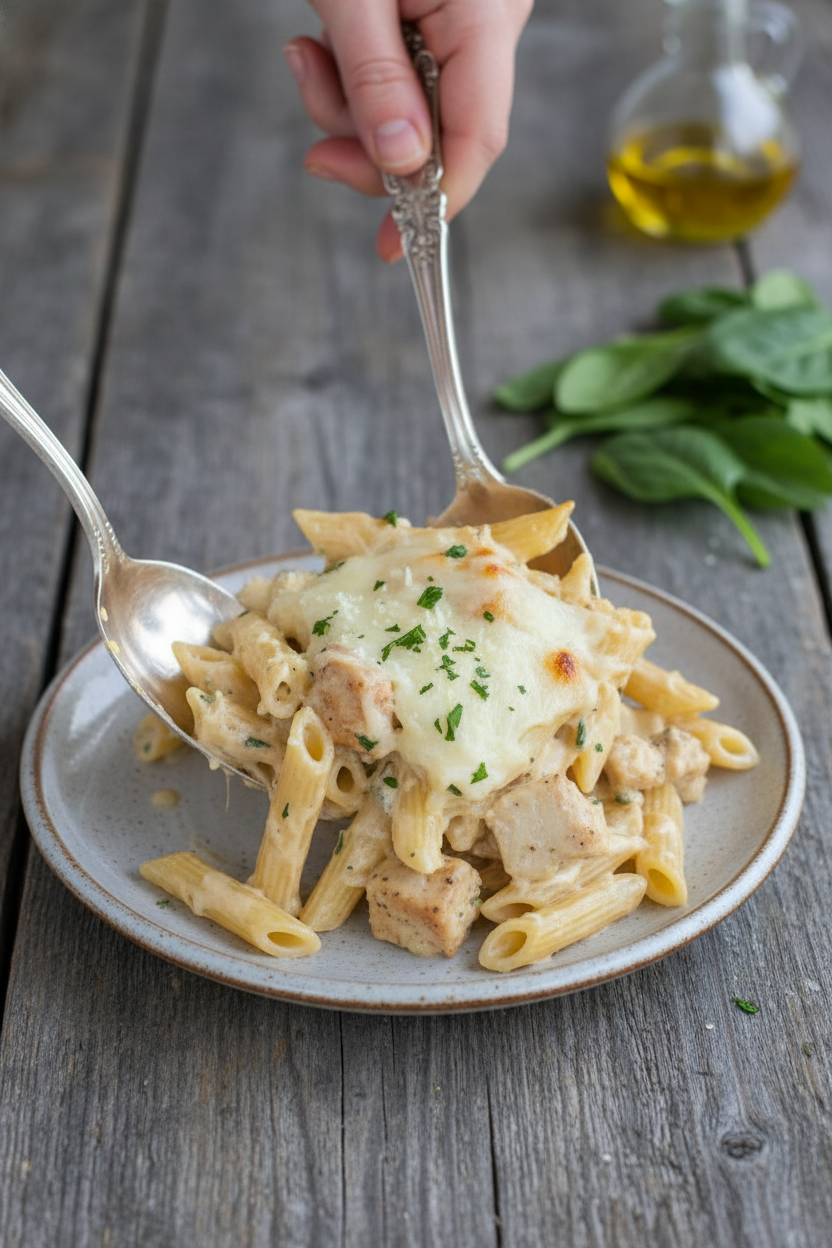 Chicken and Pasta Alfredo Bake