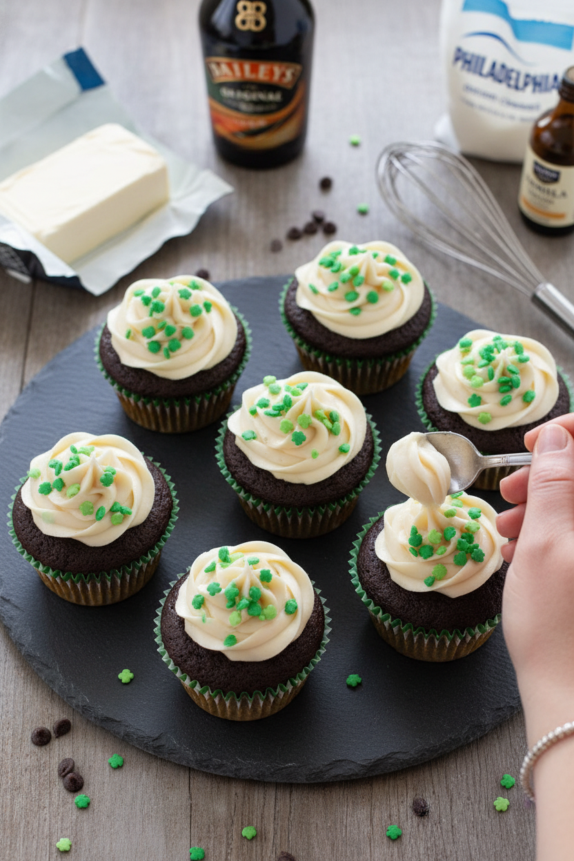 Chocolate Stout Cupcakes with Bailey's Irish Cream Cheese Frosting