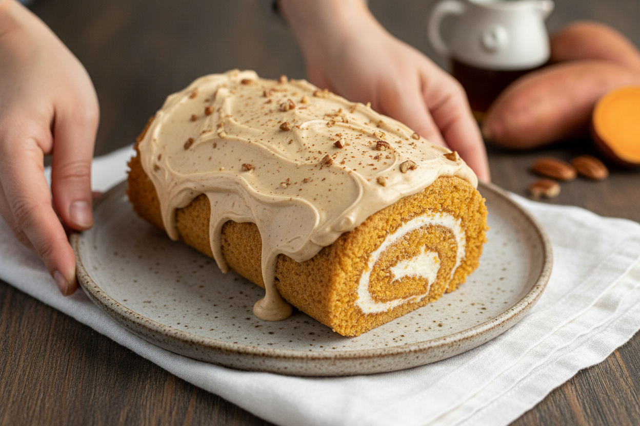 Cozy Sweet Potato Roll with Maple Frosting