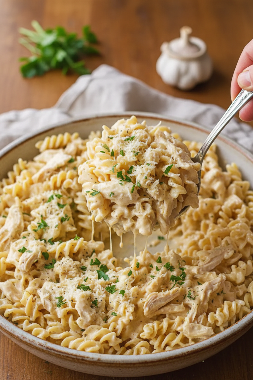 Crockpot Garlic Parmesan Chicken Pasta