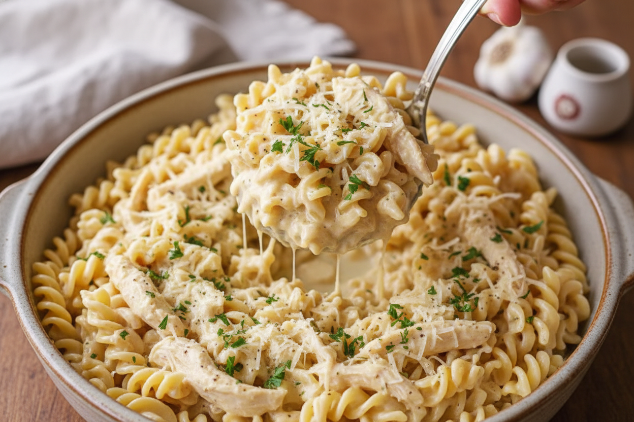 Creamy Garlic Parmesan Crockpot Chicken Pasta