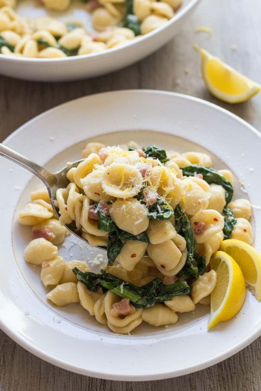 Creamy Lemon Pasta With Pancetta and Spring Greens | Caroline Chambers