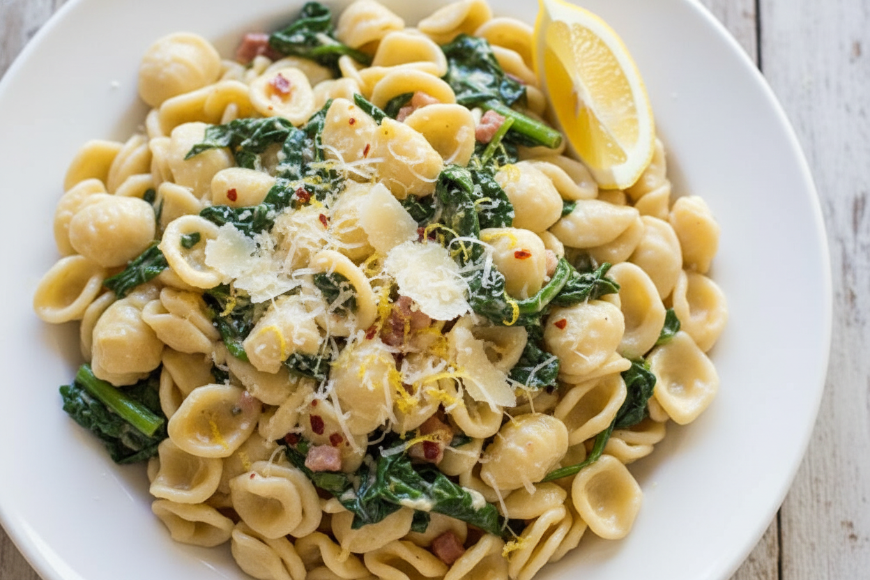 Creamy Lemon Pasta Pancetta Spring Greens