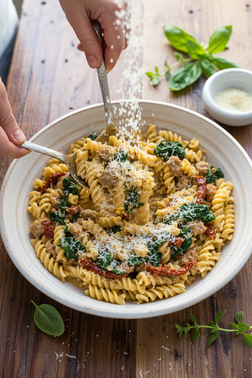 Creamy Sausage & Sun-Dried Tomato Pasta | Caroline Chambers
