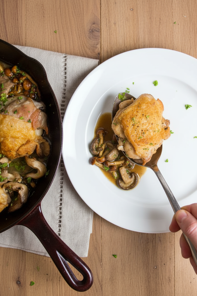 One-Skillet Crispy Chicken Thighs and Mushrooms | Caroline Chambers