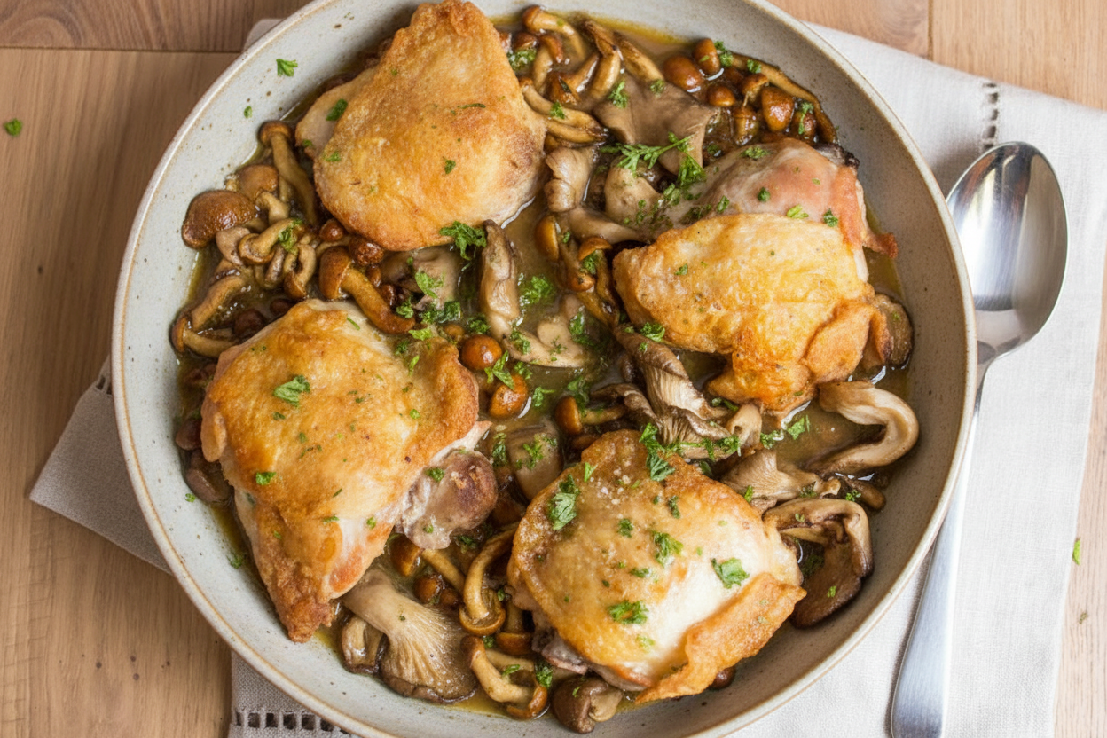 Crispy Chicken Thighs and Mushrooms Skillet Recipe