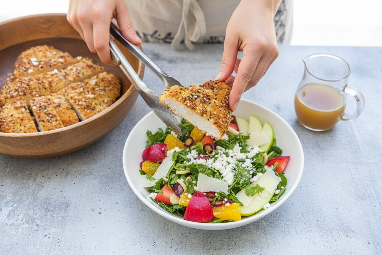 Crispy Everything Bagel Chicken Schnitzel Salad