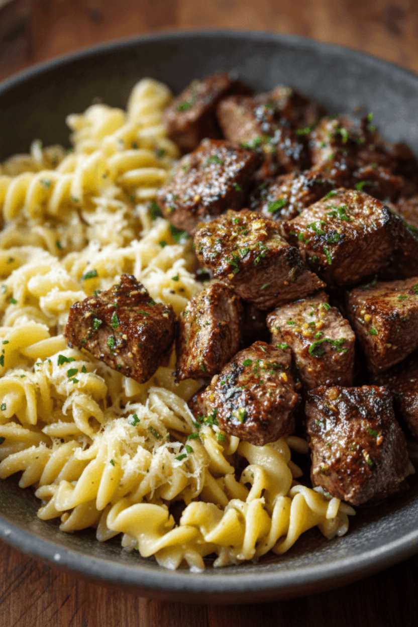 Garlic Butter Steak Bites with Creamy Parmesan Pasta Recipe