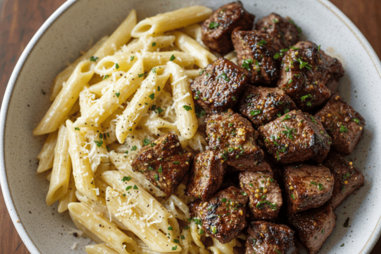 Garlic Butter Steak Bites with Creamy Parmesan Pasta