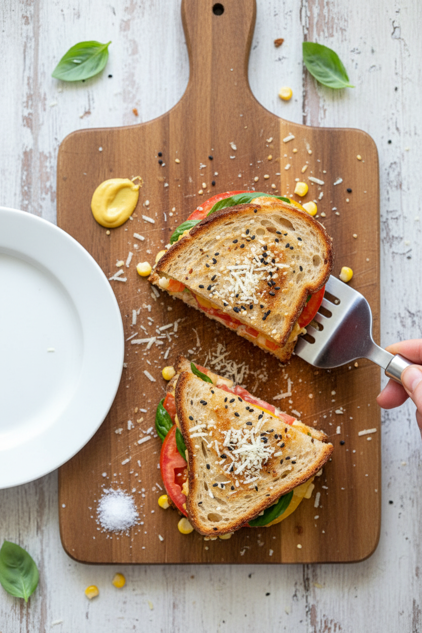 Corn, Heirloom Tomato, and Basil Grilled Cheese | Caroline Chambers