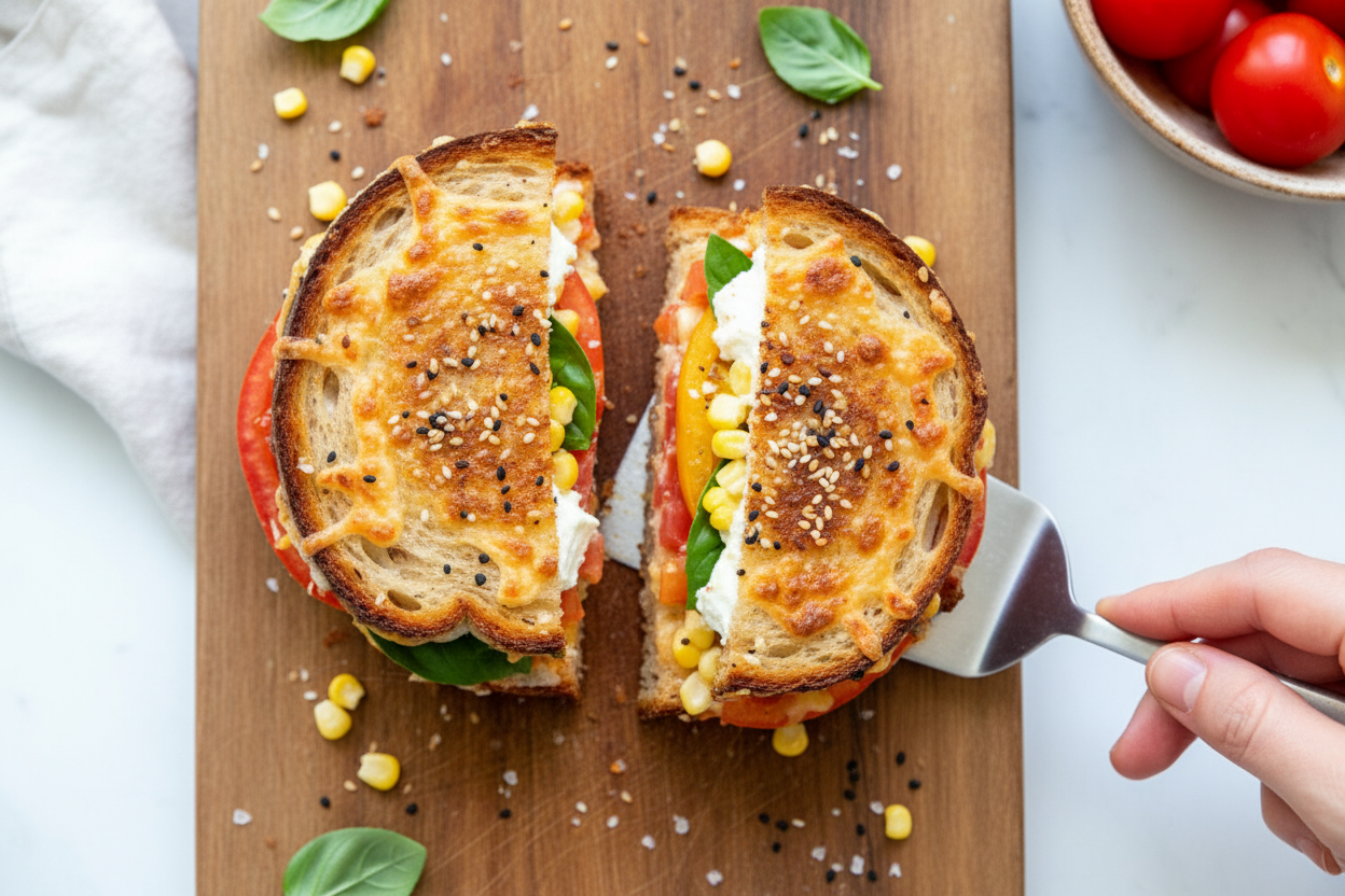Grilled Cheese with Corn Heirloom Tomato and Basil