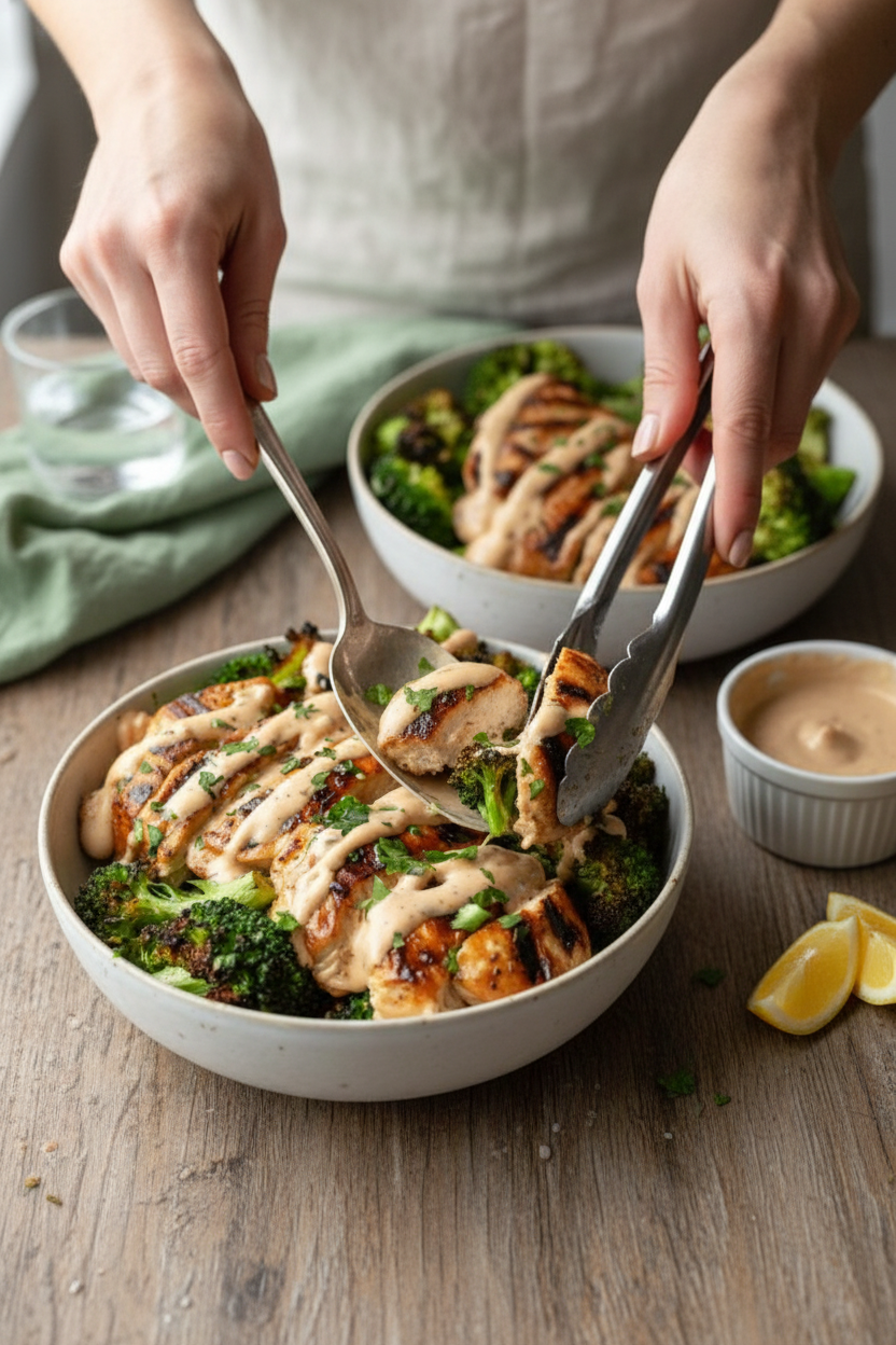 Grilled Chicken & Broccoli Bowls With Creamy Garlic Sauce: Trail Cooking