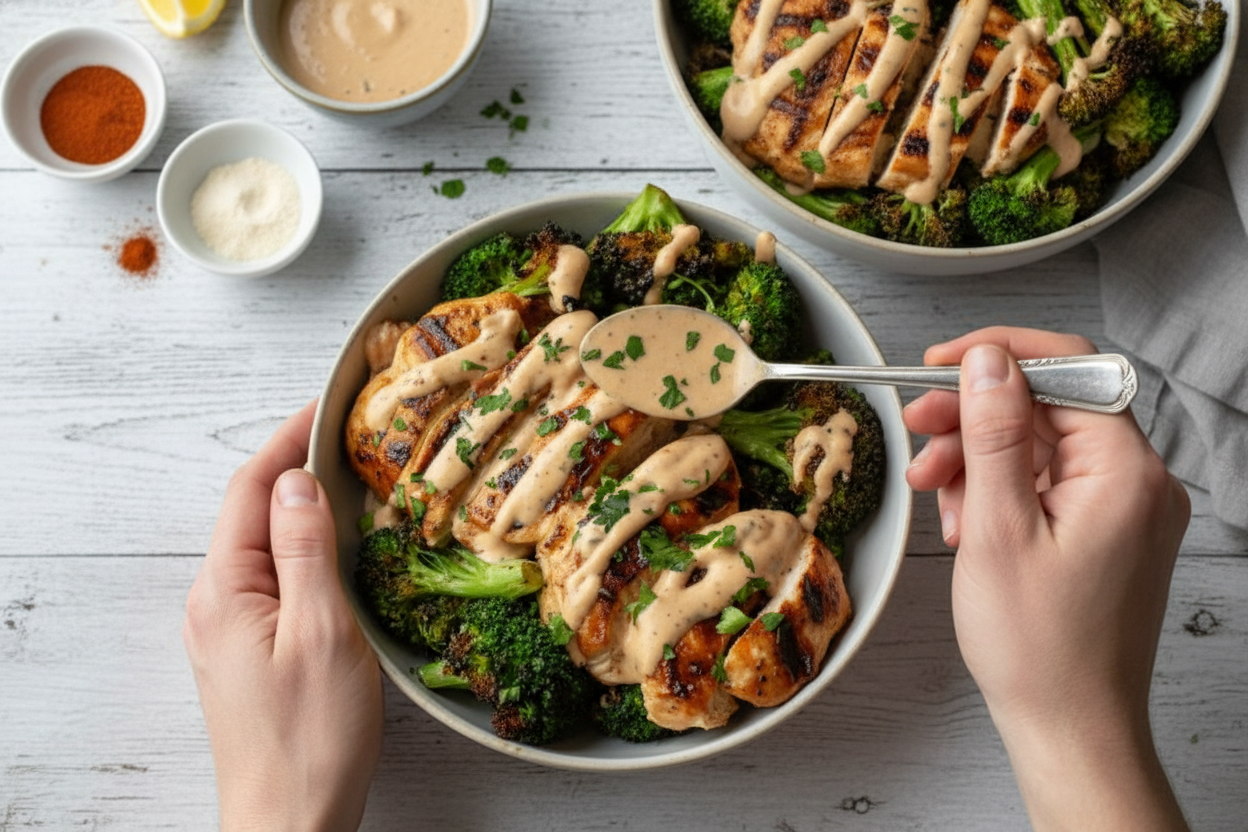 Grilled Chicken Broccoli Bowls Creamy Garlic Sauce