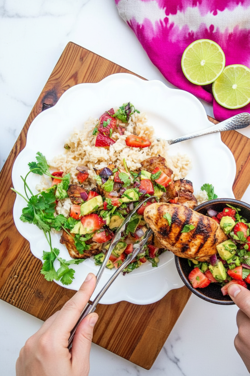 Grilled Jerk Chicken with Coconut Rice and Strawberry-Avocado Salsa | Caroline Chambers