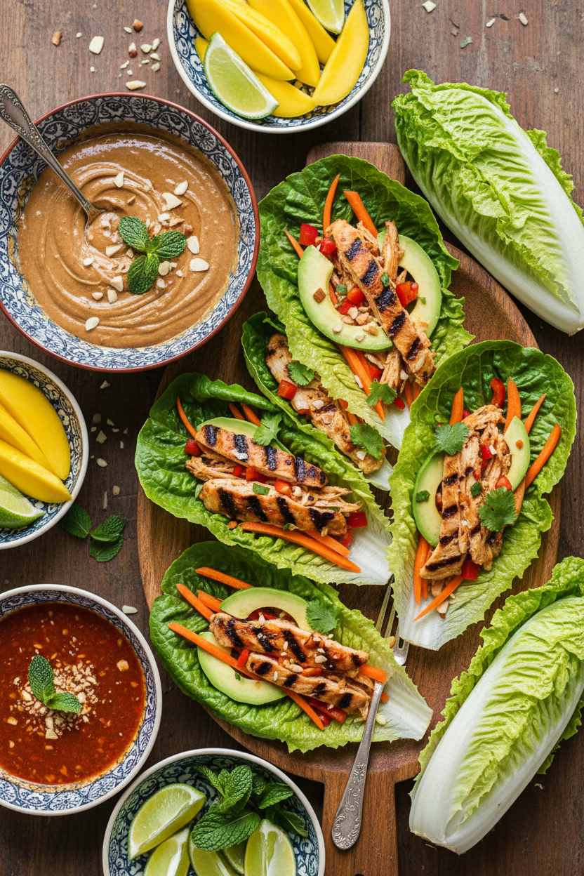 Grilled Sriracha-Soy Chicken Lettuce Wraps with Sriracha Almond Butter Sauce | Caroline Chambers