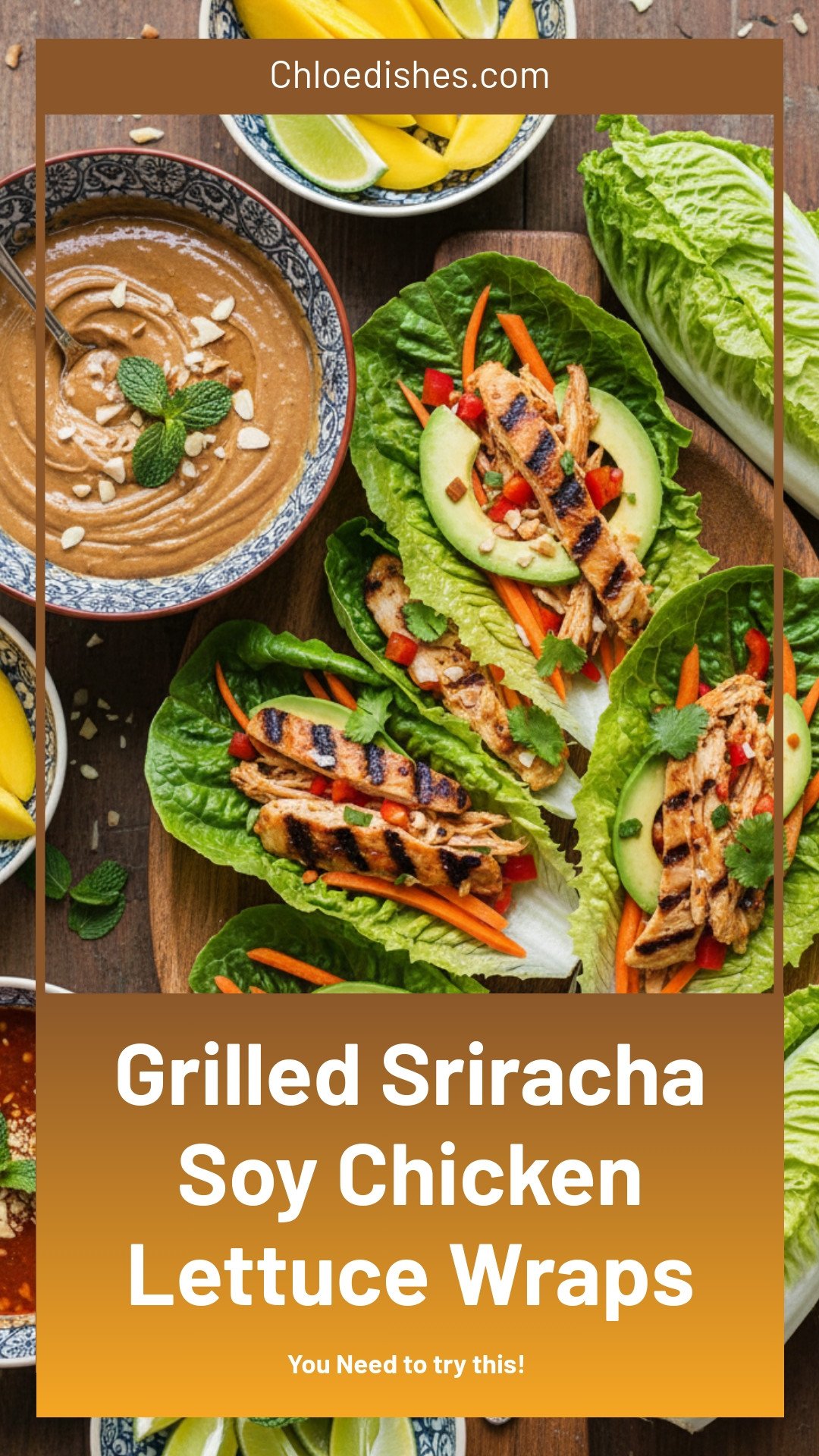 Grilled Sriracha-Soy Chicken Lettuce Wraps with Sriracha Almond Butter Sauce | Caroline Chambers