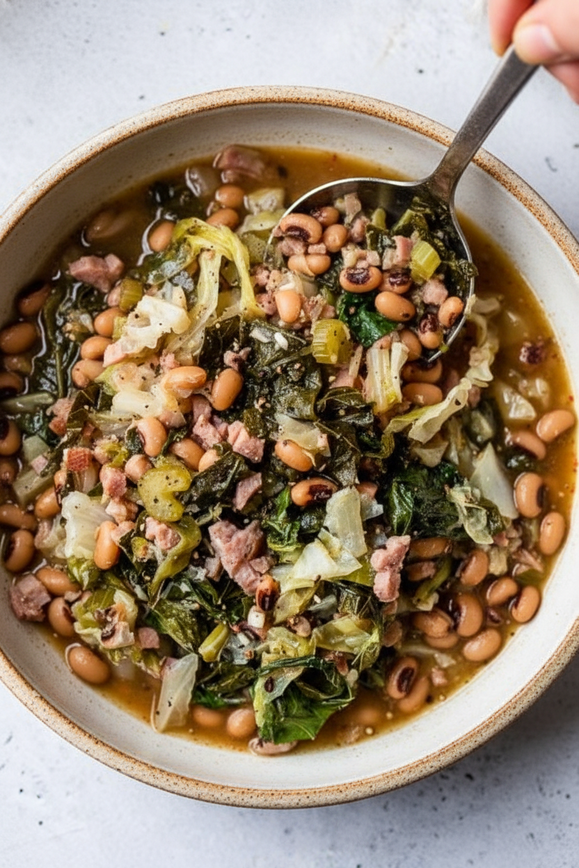 Black-Eyed Peas with Leftover Ham, Collard Greens and Cabbage