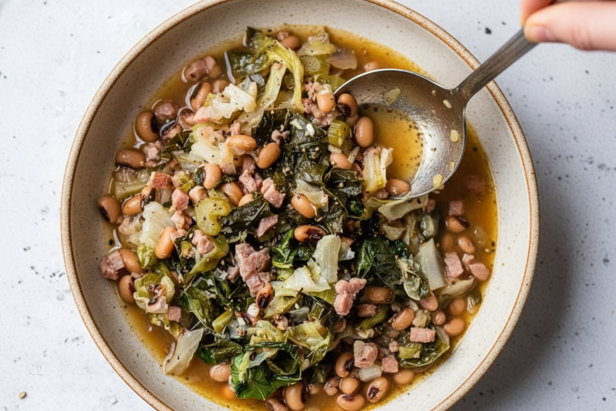 Leftover Ham Black Eyed Peas with Collards and Cabbage