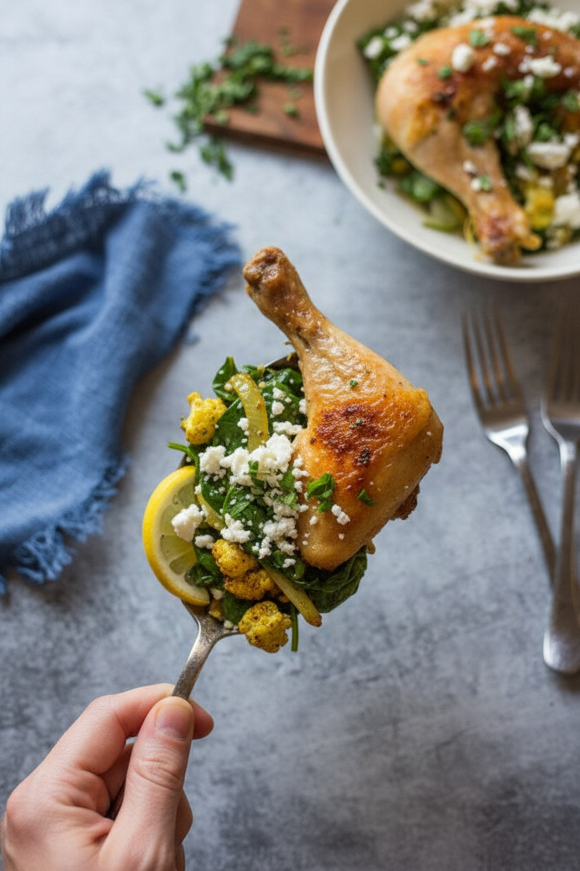 Sheet-Pan Lemon & Cumin Roasted Chicken with Cauliflower and Spinach | Caroline Chambers