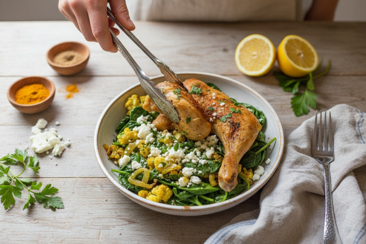 Lemon Cumin Chicken with Cauliflower and Spinach