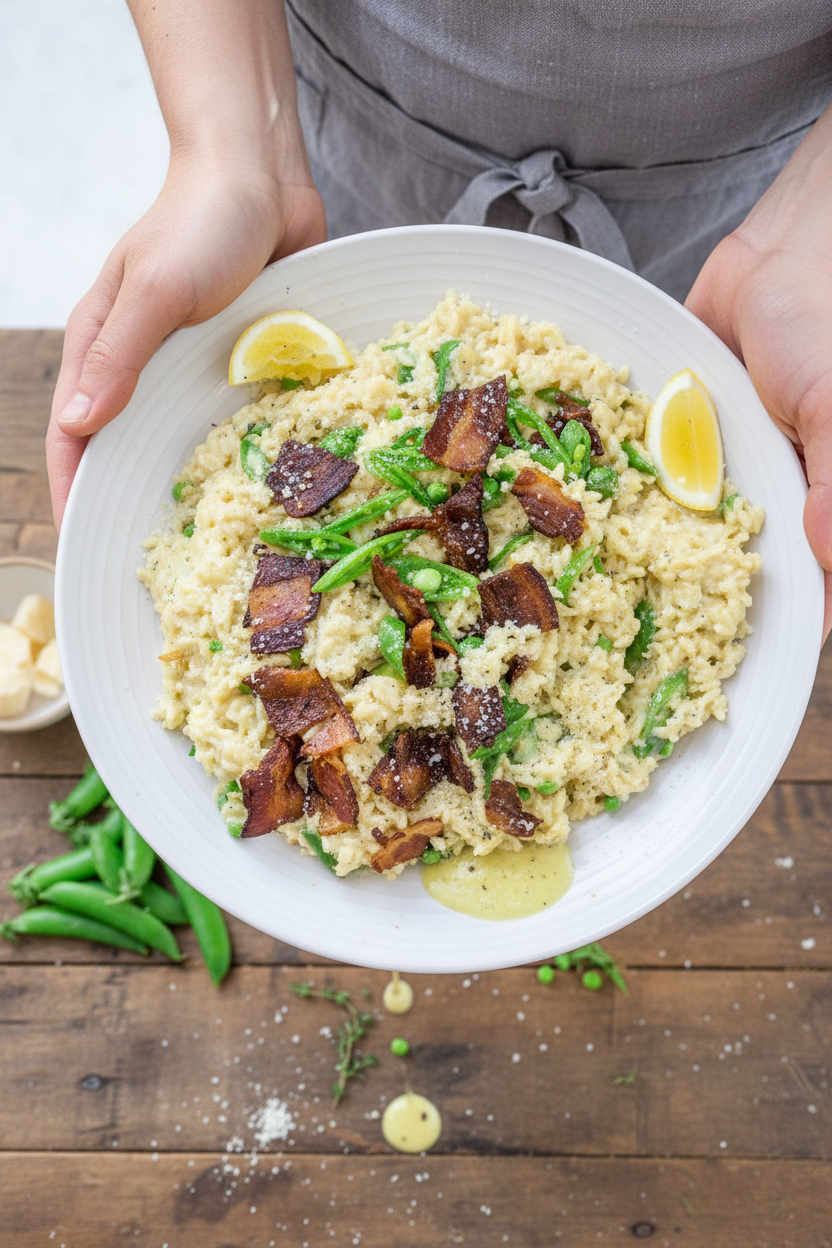 Lemony Orzo Carbonara with Snap Peas and Bacon | Caroline Chambers