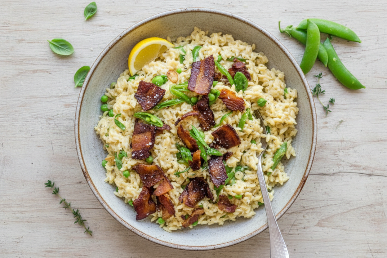 Lemony Orzo Carbonara with Snap Peas and Bacon