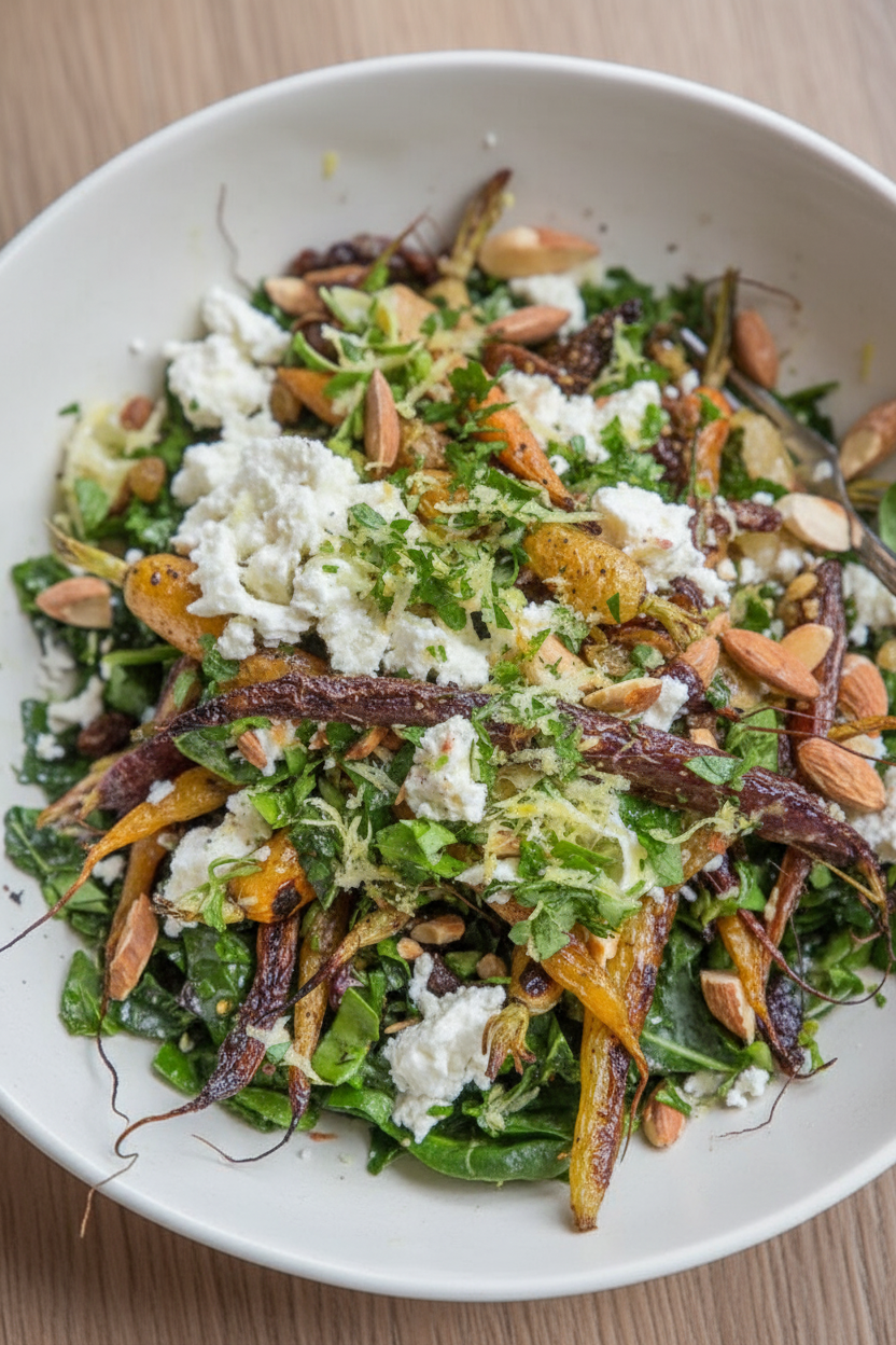 Lemony Roasted Carrot & Kale Salad with Feta and Almonds | Caroline Chambers