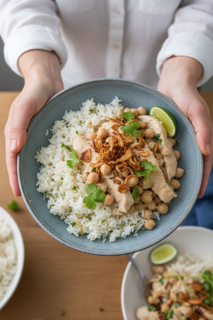 Miso-Coconut Chicken with Crispy Shallots and Ginger Rice | Caroline Chambers