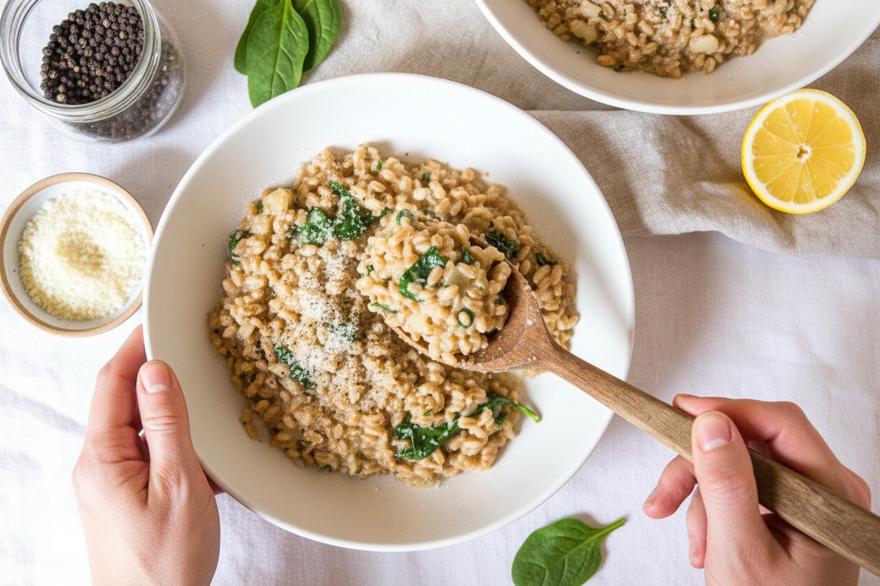One Pot Parmesan Spinach Farrotto Recipe