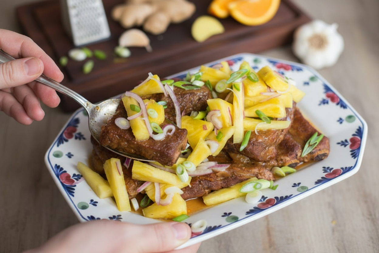One Pot Soy Braised Ribs with Pineapple Relish