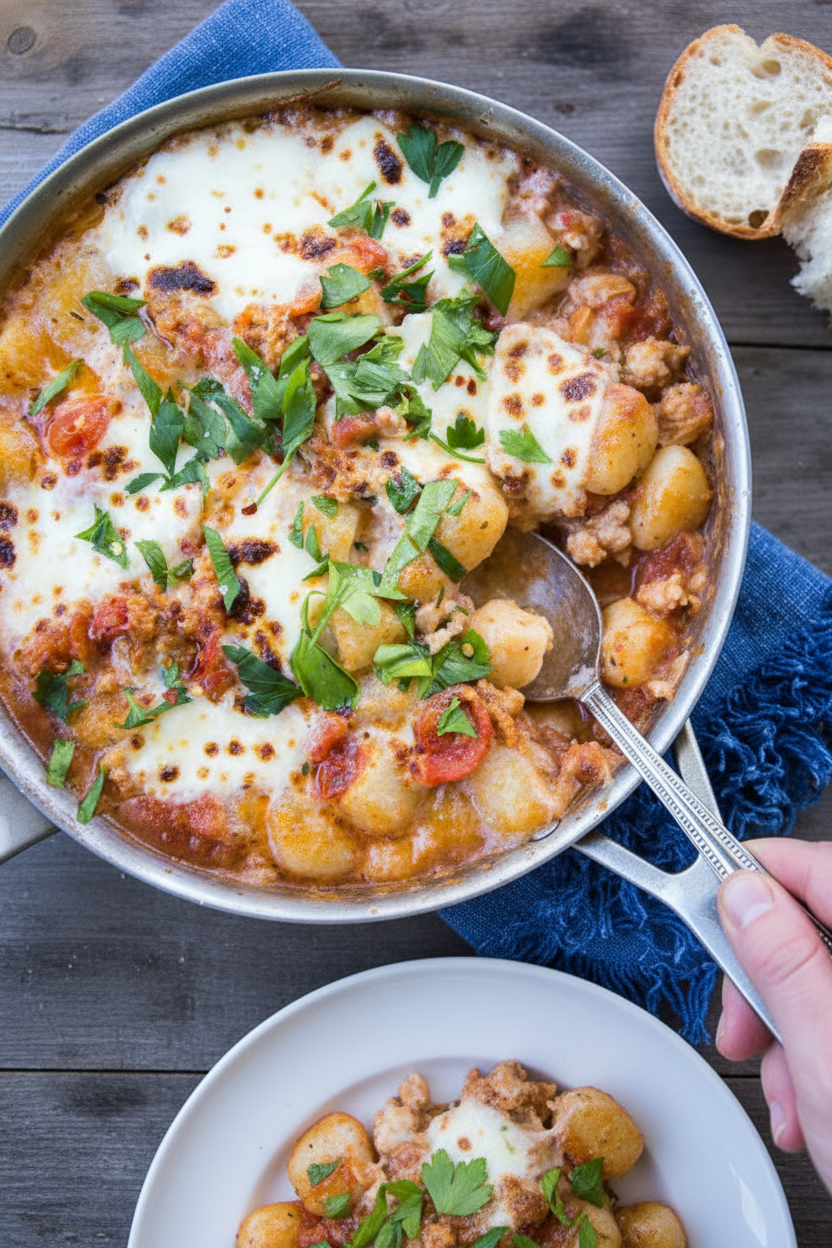 One-Skillet Baked Chicken Parm Cauliflower Gnocchi | Caroline Chambers