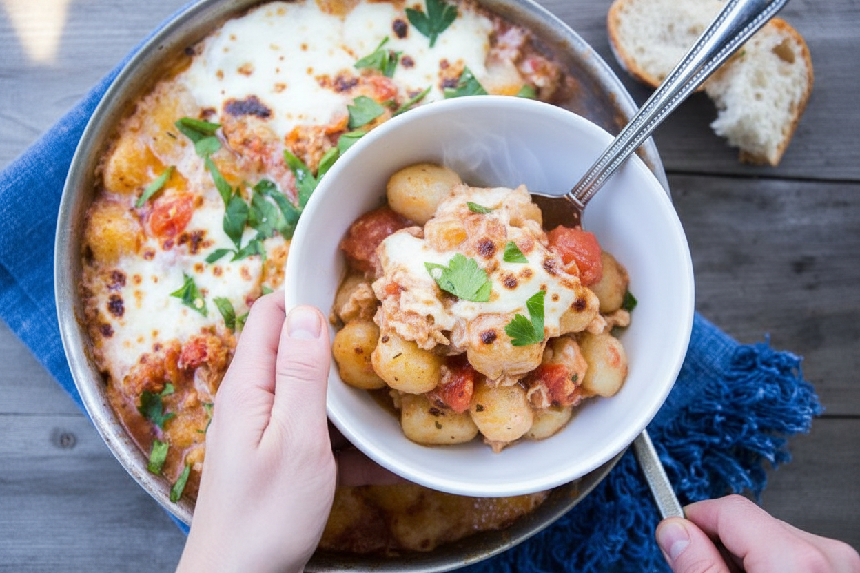 One Skillet Chicken Parm Cauliflower Gnocchi Bake