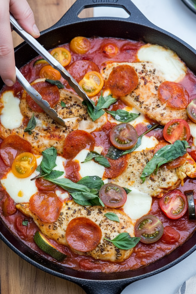 One-Skillet Pepperoni Pizza Chicken | Caroline Chambers