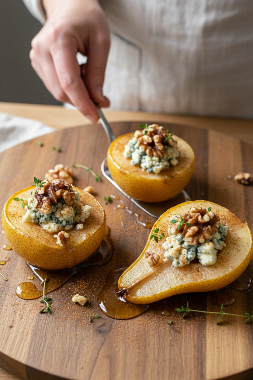 Roasted Pears with Blue Cheese, Walnuts and Honey Bliss