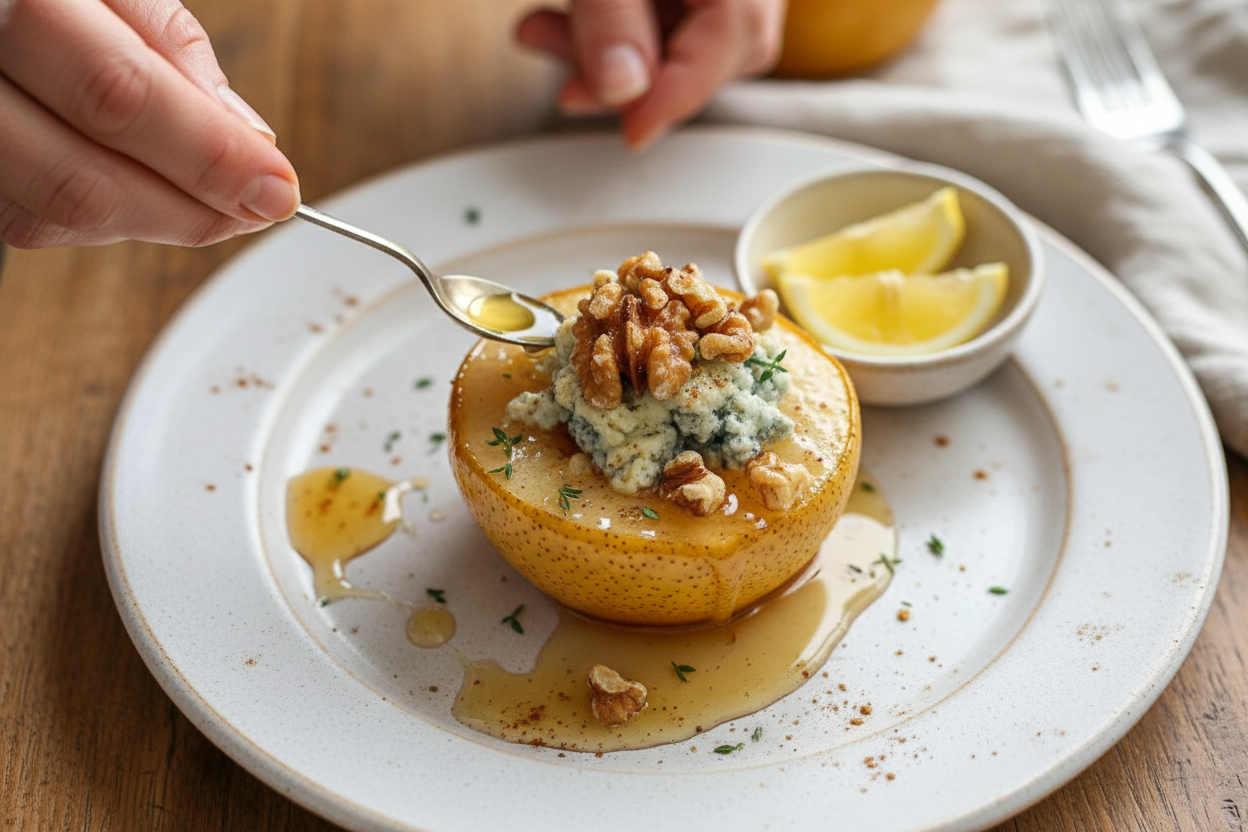 Roasted Pears with Blue Cheese Walnuts and Honey
