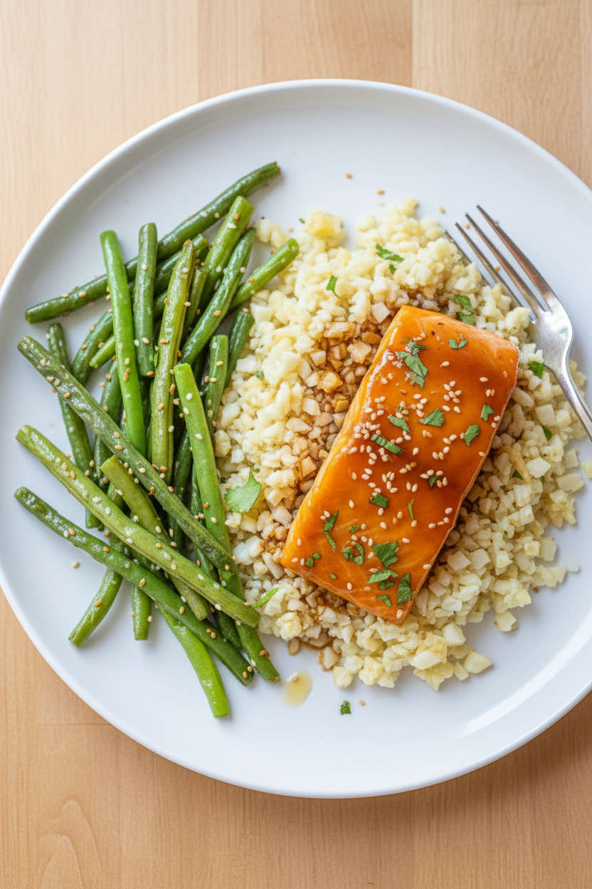 Sheet Pan Teriyaki Salmon with Cauliflower Rice and Sesame Green Beans | Caroline Chambers