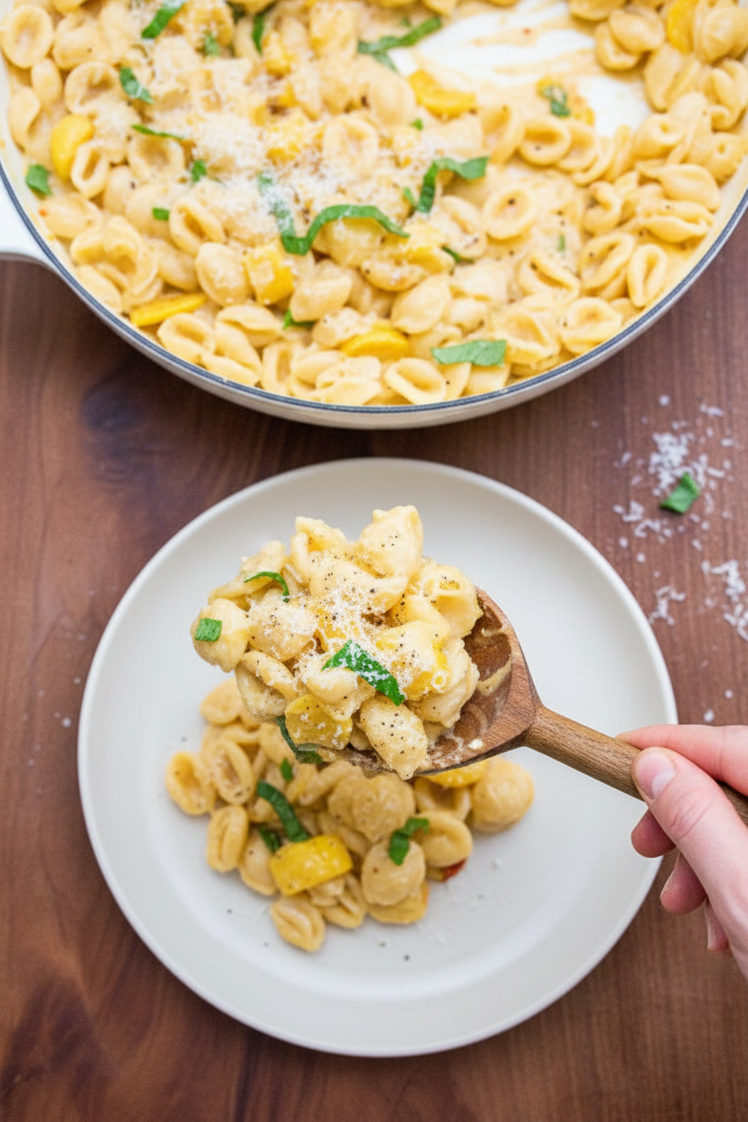 One-Pot Southern Squash Casserole Pasta | Caroline Chambers
