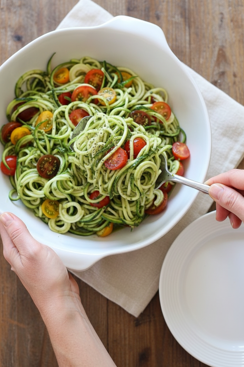 Raw Spiralized Zucchini Noodles with Tomatoes and Pesto