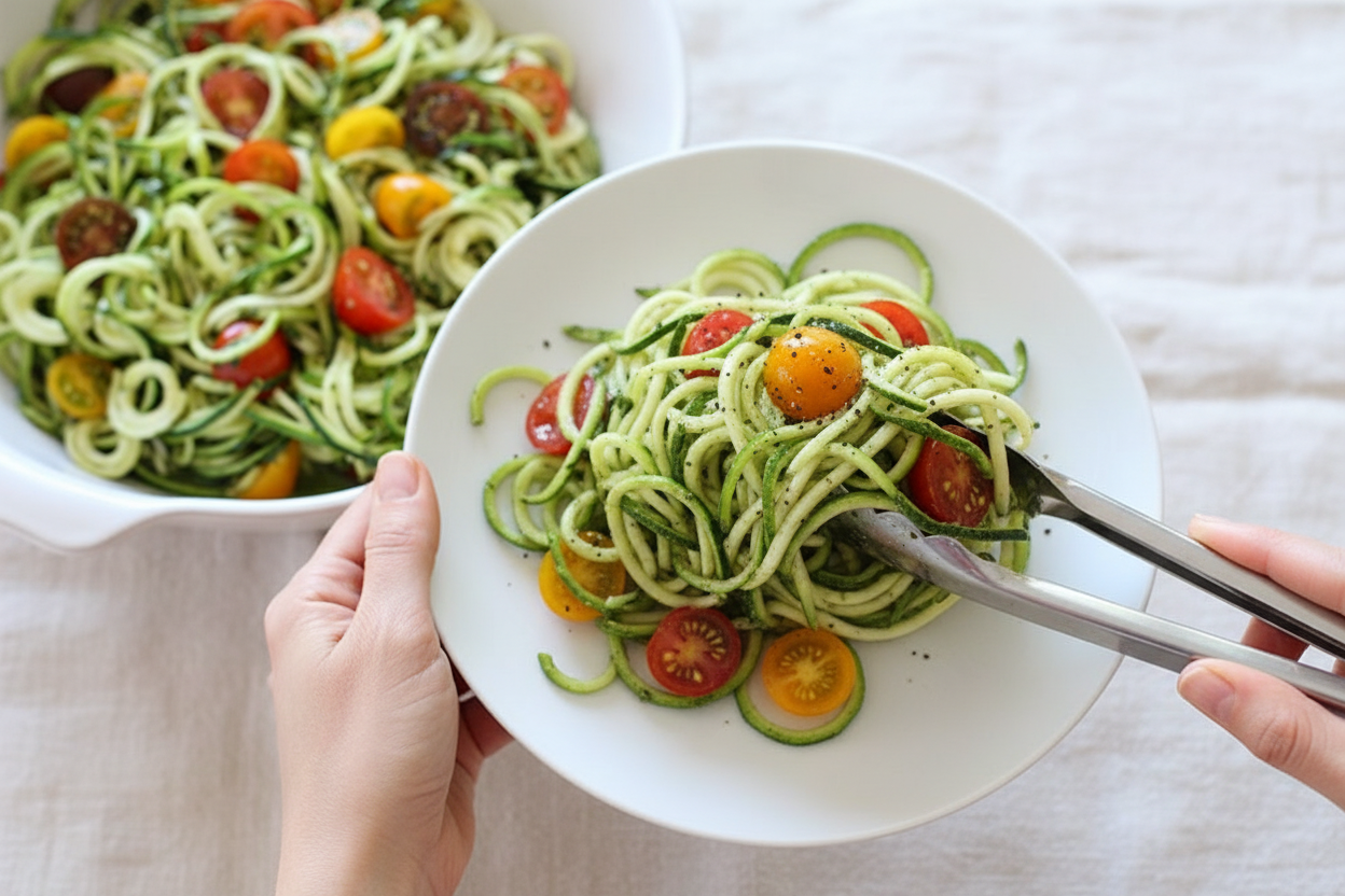 Spiralized Zucchini Noodles with Tomatoes and Pesto