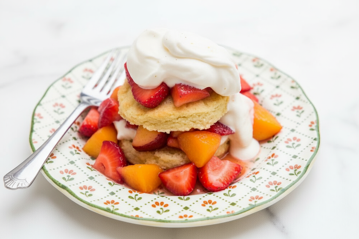 Strawberry Peach Shortcake with Bourbon Whipped Cream