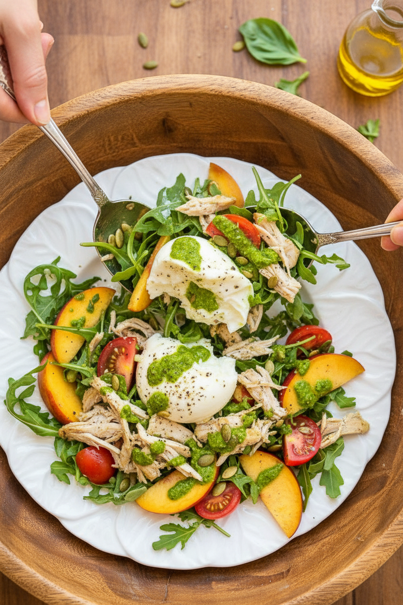 Summer Salad with Shredded Chicken, Peaches, Tomatoes, Burrata, and Herby Vinaigrette | Caroline Chambers