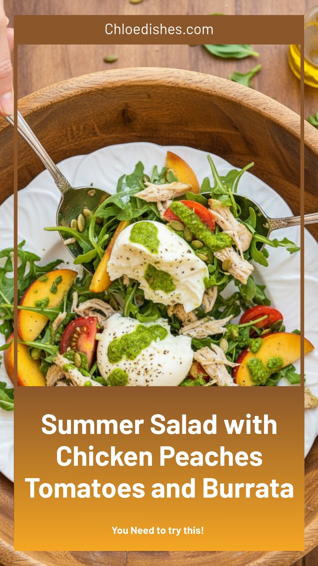 Summer Salad with Shredded Chicken, Peaches, Tomatoes, Burrata, and Herby Vinaigrette | Caroline Chambers