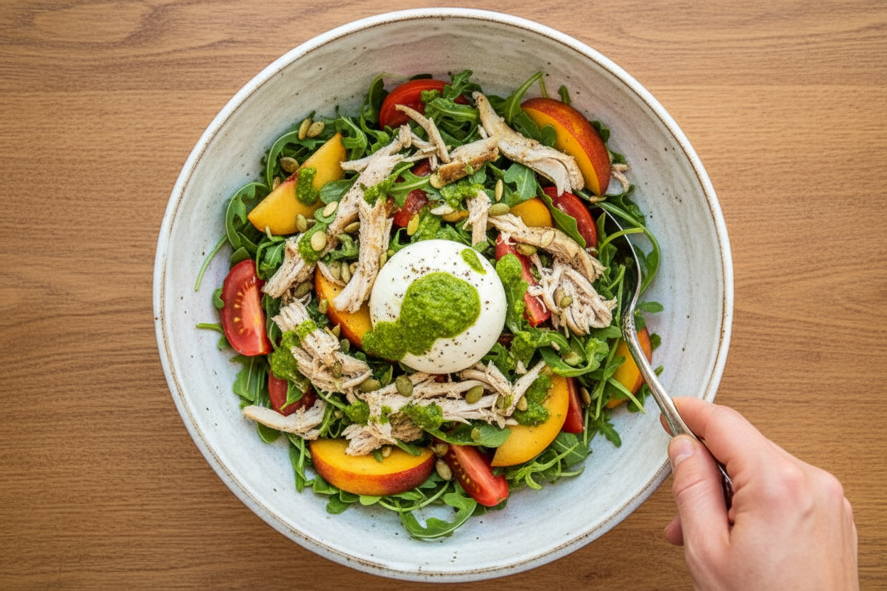 Summer Salad with Chicken Peaches Tomatoes and Burrata