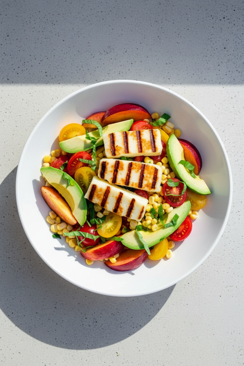 Summer Tomato, Corn and Peach Salad with Avocado and Grilled Halloumi | Caroline Chambers