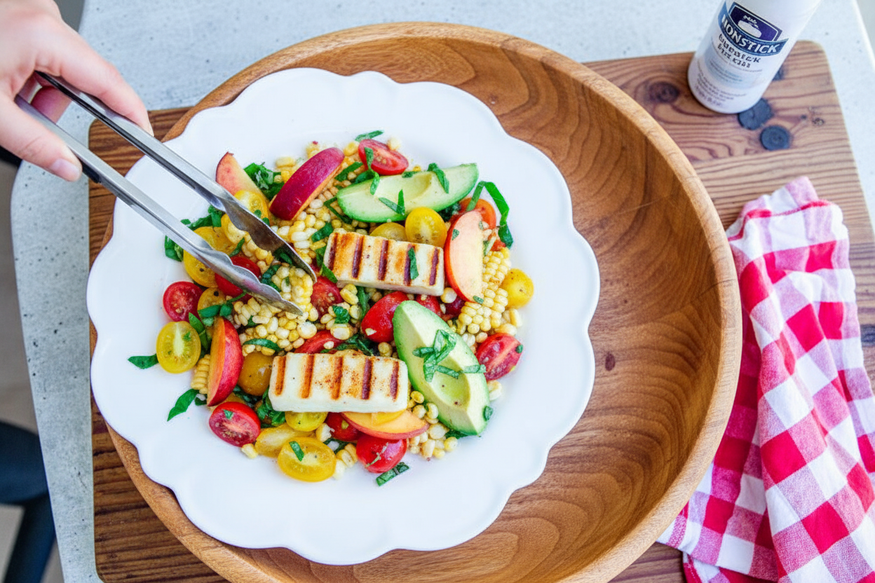 Summer Tomato Corn Peach Salad with Avocado Halloumi