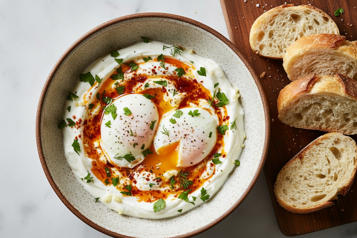 Turkish Eggs Recipe: Turkish Eggs with Garlic Yogurt and Chili Butter