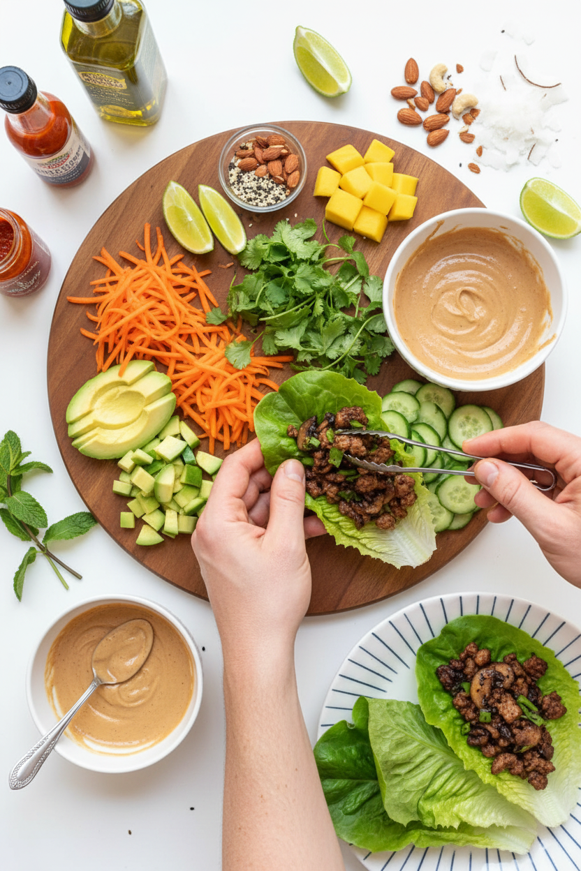Whole30 Crispy Pork Lettuce Wraps with Sriracha Almond Butter Sauce | Caroline Chambers