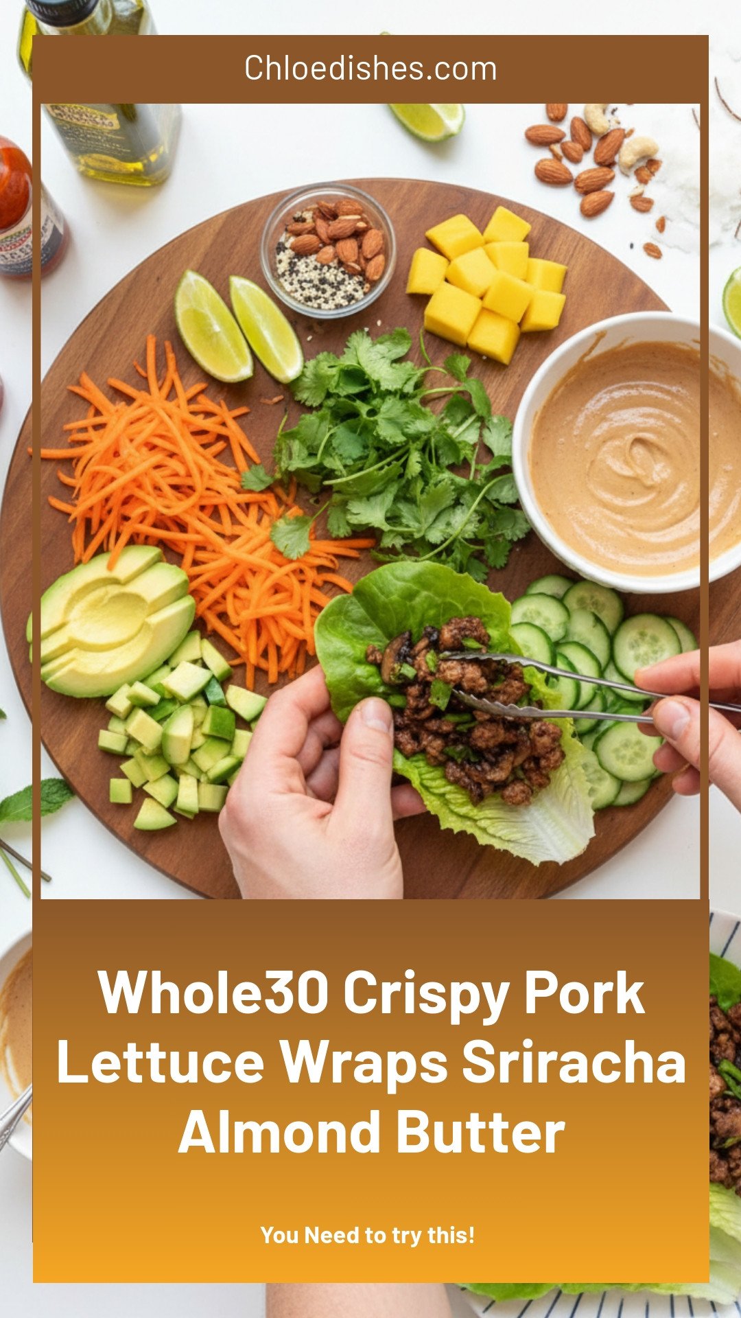 Whole30 Crispy Pork Lettuce Wraps with Sriracha Almond Butter Sauce | Caroline Chambers